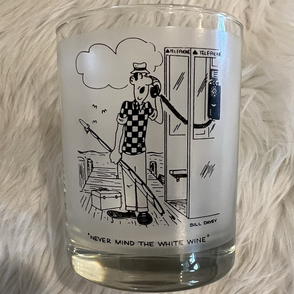 Vintage Bill Davey Fishing Cartoon Frosted Rocks Glasses Set of 4 Mid Century